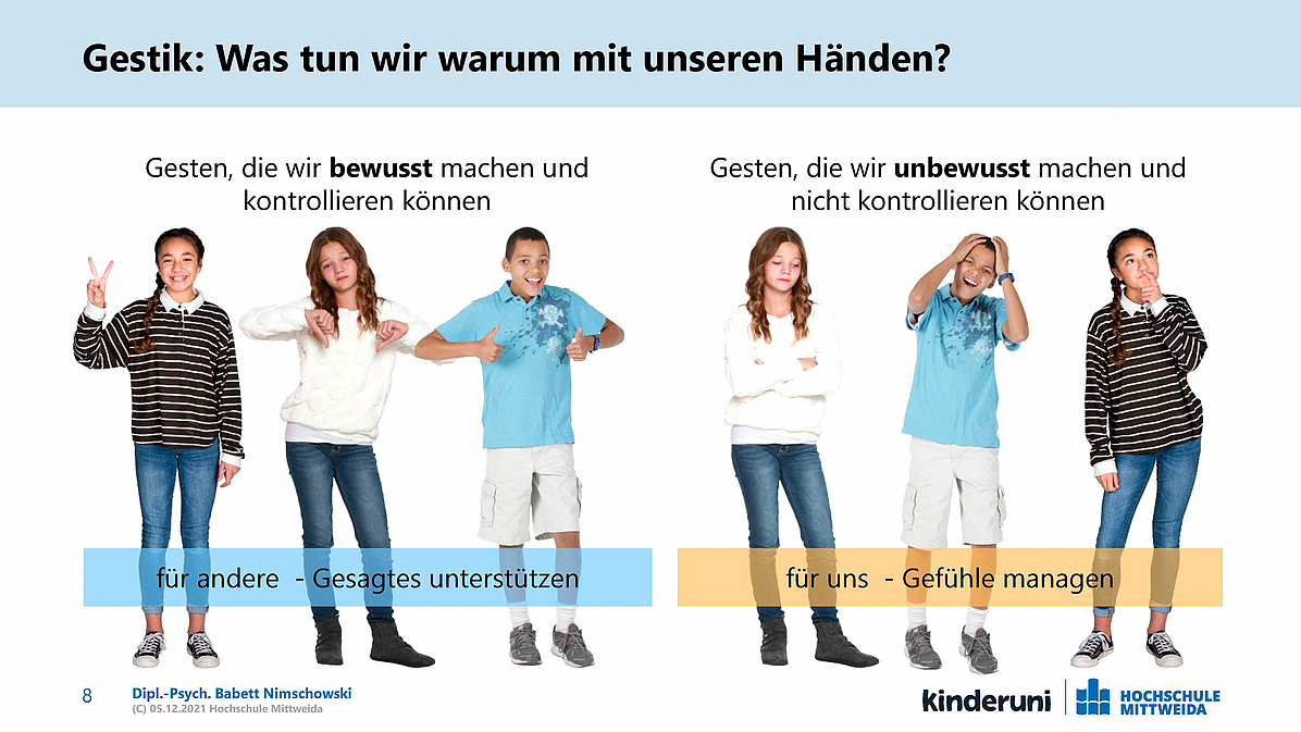 Die Powerpoint-Folie zeigt links und rechts jeweils die drei selben Kinder, links mit bewussten Gesten (Daumen nach oben und nach unten) und dem Erklärtext "für andere – Gesagtes unterstützen" sowie rechts mit unbewussten Gesten (traurig, verwundert, fragend/nachdenklich) und dem Text "für uns – Gefühle managen".