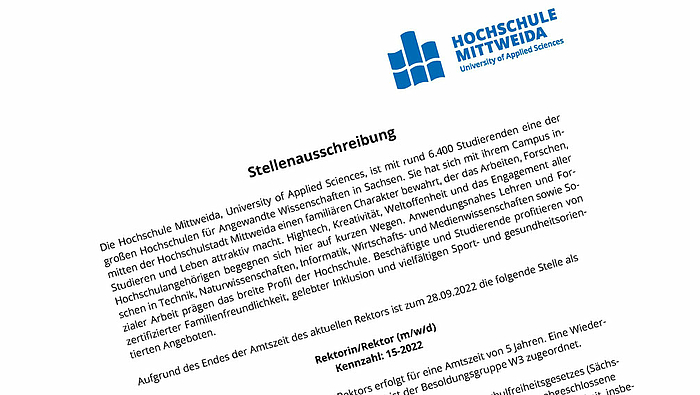 Die Abbildung zeigt einen Ausschnitt der Stellenausschreibung mit dem Hochschullogo oben rechts. Die Worte "Stellenausschreibung" und "Rektor/Rektorin (m/w/d), Kennzahl 15-2022" sind fettgedruckt hervorgehoben. Dazwichen ist eine kurze Selbstdarstellung der Hochschule zu lesen.  