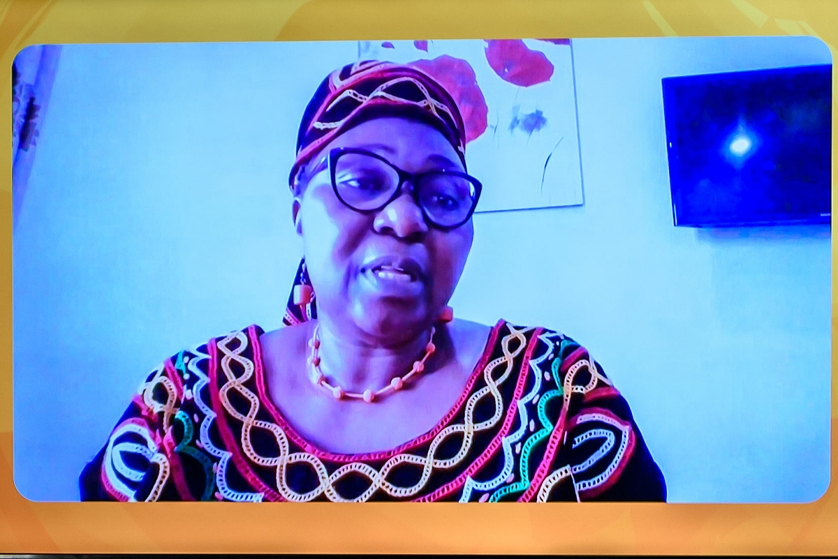 Beschreibung: Das Foto zeigt die per Videokonferenz zugeschaltete Dr. Hedwig Ngwa auf dem Monitor.