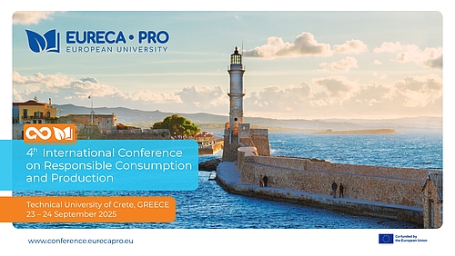 Ein Werbeplakat für die EURECA-PRO-Konfernz, auf dem neben Titel und Datum ebenfalls ein Leuchttum und das Meer zu sehen sind.