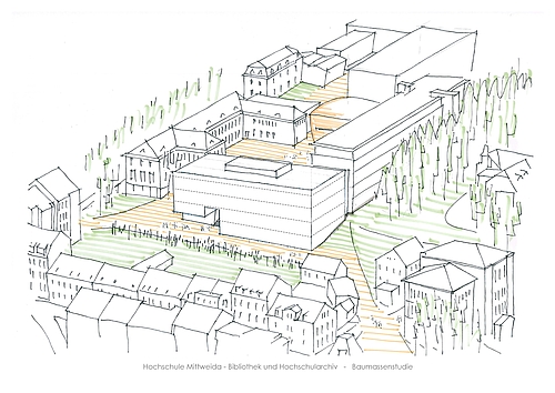 Die Baumassenstudie visualisiert die Größe der neuen Bibliothek, architektonisch muss das Gebäude noch ausgestaltet werden. © SIB