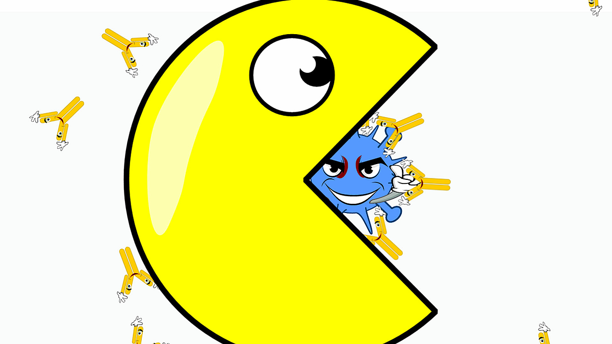 Der Ausschnitt aus einer Powerpointfolie zeigt ein PacMan-artiges Symbol, das eine Virus-Karikatur frisst.