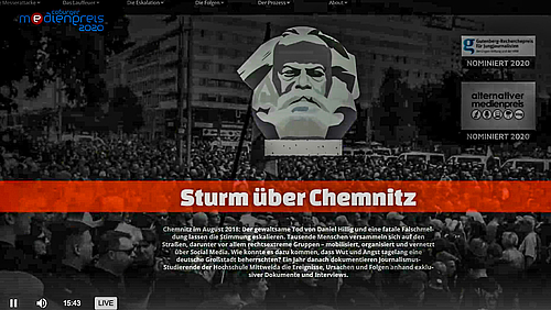 "Eindrucksvolles Digitalprojekt" – Mittweidaer Medienstudierende gewinnen Coburger Medienpreis in der Kategorie Nachwuchs national. Das Aufmacherfoto zeigt einen Screenshot aus der Online-Preisverleihung mit der Homepage der Projektseite "Sturm über Chemnitz".