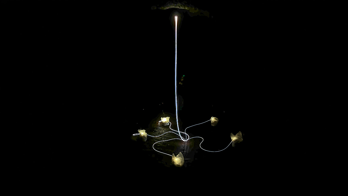 Geflechtartige Lichtinstallation in einem dunkeln Raum