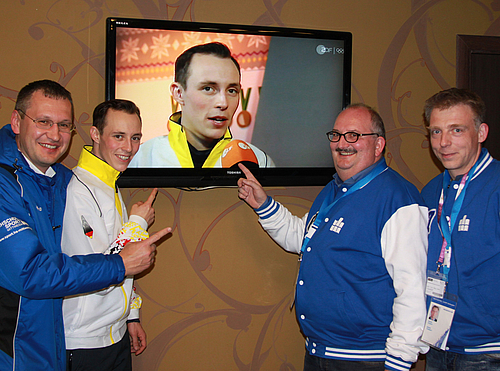 Die Professoren Serge Velesco, Ludwig Hilmer und Volker Tolkmitt feierten 2014 in Sotschi mit Eric Frenzel seine Olympiasiege.