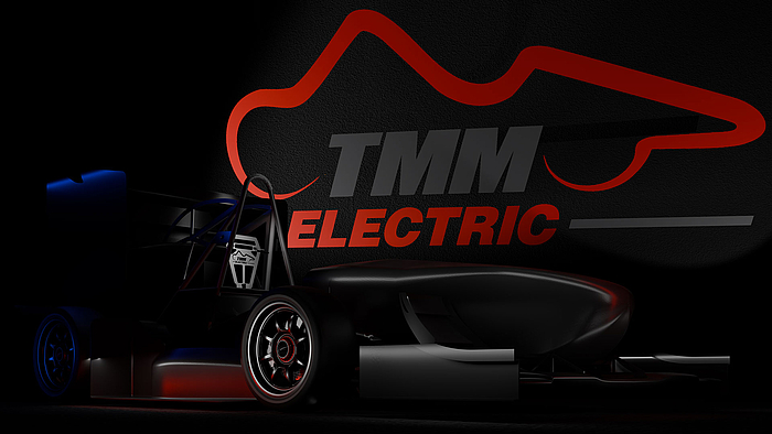 3D-Modell eines Rennwagens in Schwarz, vor dem Logo von TMM-Electric im Hintergrund 