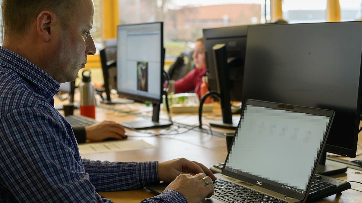 Eine männliche Person sitzt vor einem Laptop. (Der Display-Inhalt ist unkenntlich gemacht.)