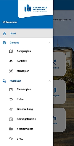 Startansicht der HSMWMobil-App Startansicht der HSMWMobil-App