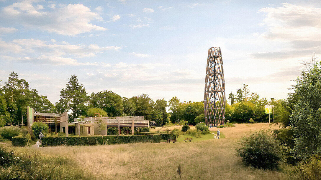 Simulierter Blick auf einen Aussichtsturm in der Landschaft