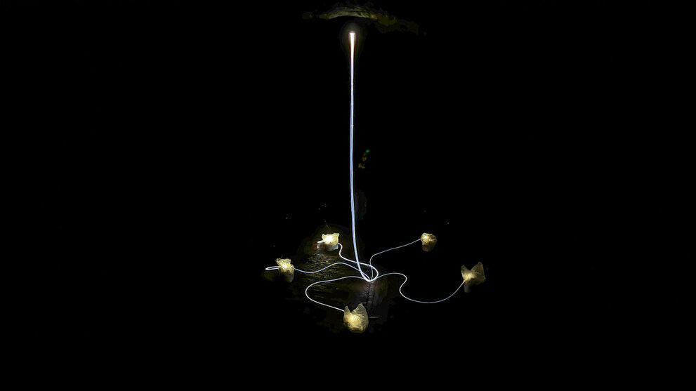 Geflechtartige Lichtinstallation in einem dunkeln Raum
