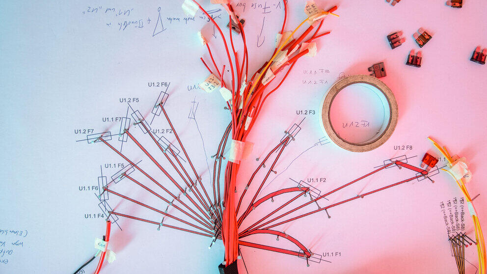 Numerous cables branch out from a cable duct onto a labelled surface and are secured to it with nails.