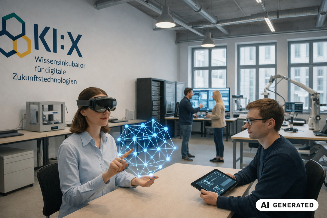 Blick in einen Raum, Menschen sitzen an Tischen und haben eine virtuelle Kugel und ein Tablet in der Hand