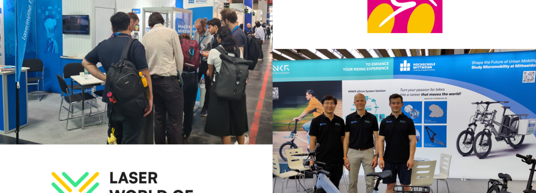 Two trade fair logos, a photo of a crowd at a trade fair stand and a photo showing three men at a trade fair stand