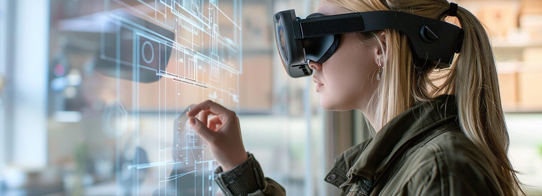 weibloche Pwerson mit VR-Brill schaut auf virtuellen Plan