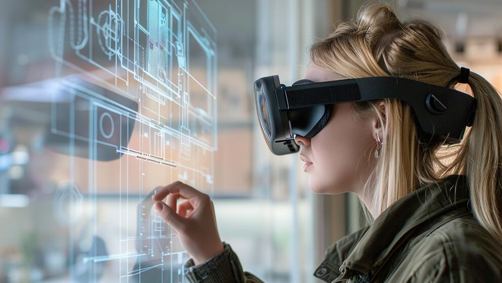 weibloche Pwerson mit VR-Brill schaut auf virtuellen Plan