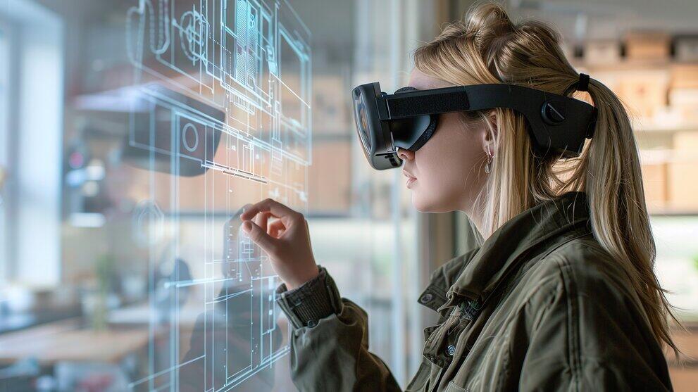 weibloche Pwerson mit VR-Brill schaut auf virtuellen Plan