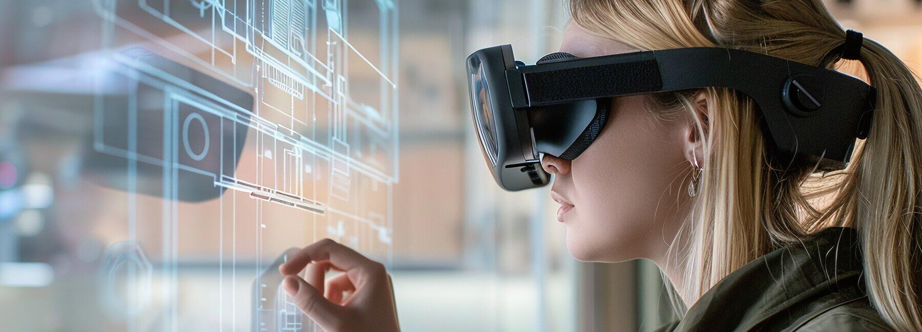 weibloche Pwerson mit VR-Brill schaut auf virtuellen Plan