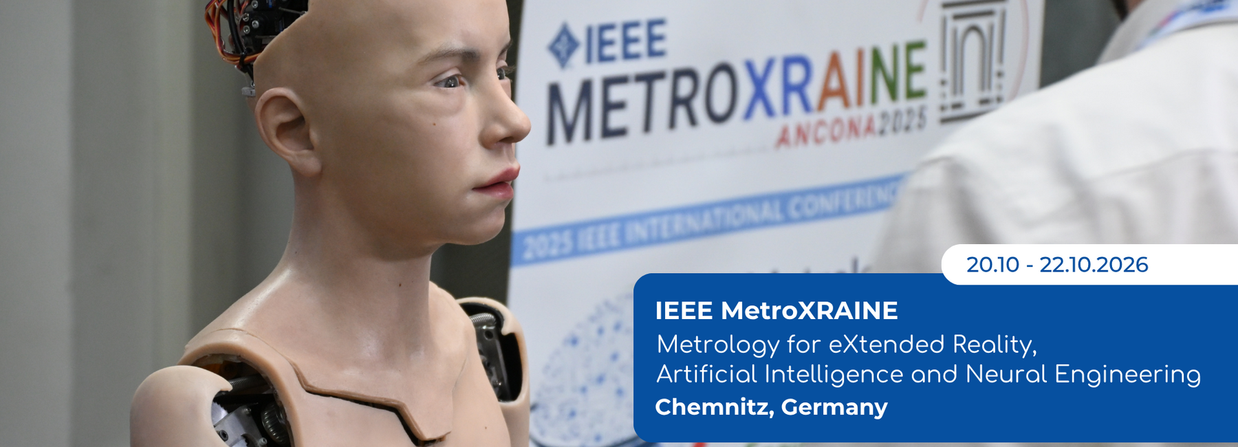 Illustrative image showing a humanoid robot and posters from the conference