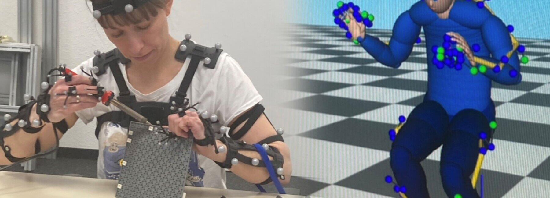 Weibliche Person mit Sensoren am Körper führt eineTätigkeit aus, die in einem digitalen Modell nachgebildet wird