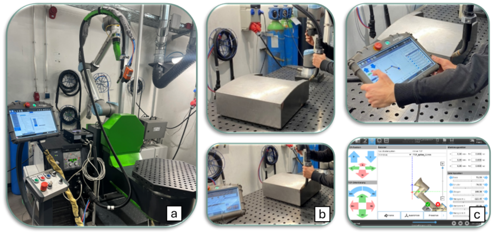 a) Living Lab Automated Welding for Small Batch Series, b) Grobjustierung mittels Free-Drive und c) Feinjustierung über Pfeiltasten am Bedienpanel