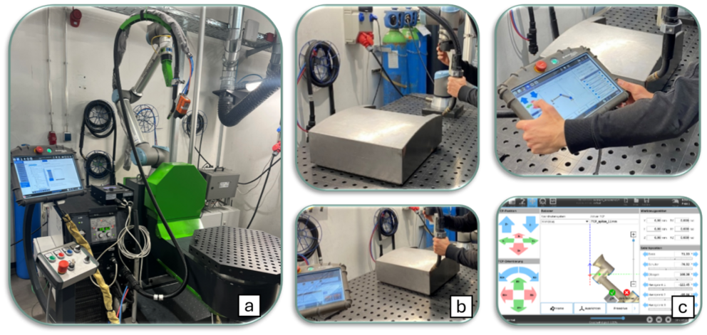 a) Living Lab Automated Welding for Small Batch Series, b) Grobjustierung mittels Free-Drive und c) Feinjustierung über Pfeiltasten am Bedienpanel
