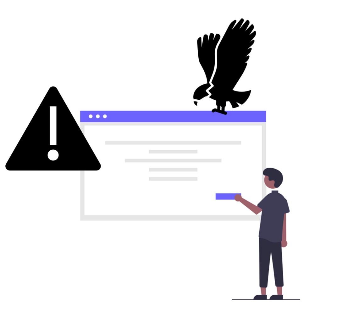 An illustration depicting a person and a screen used for submitting a manuscript. However, the manuscript is in danger of being snatched away by a predatory vulture. The image as a whole symbolises the theme of ‘predatory publishing’.
