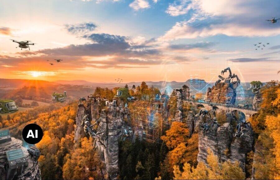 Landschaft in der Sächsischen Schweiz in herbstlichen Farben mit technischen Elementen