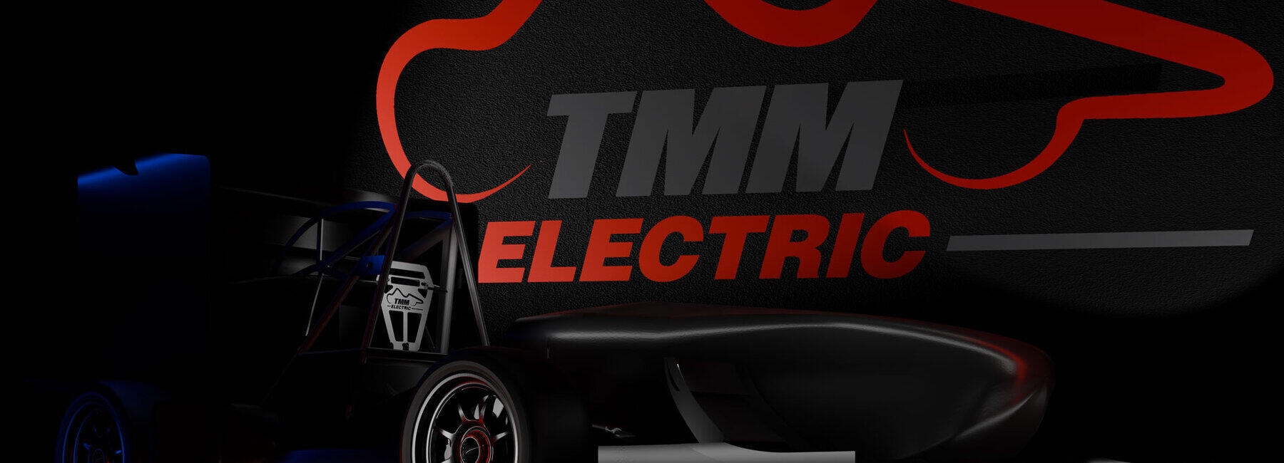 3D-Modell eines Rennwagens in Schwarz, vor dem Logo von TMM-Electric im Hintergrund