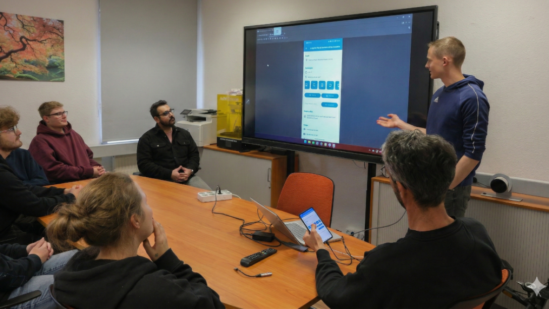 A group of people are sitting around a table; a man is standing in front of a presentation board, explaining something