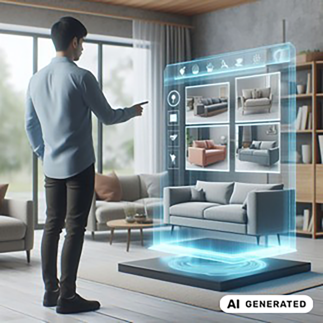 A man looks at a simulation environment featuring various types of sofas
