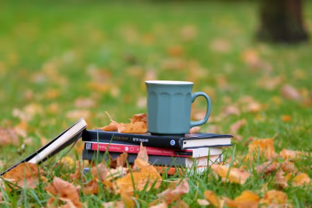Büchstapel mit einer Tasse auf Wiese mit Blättern