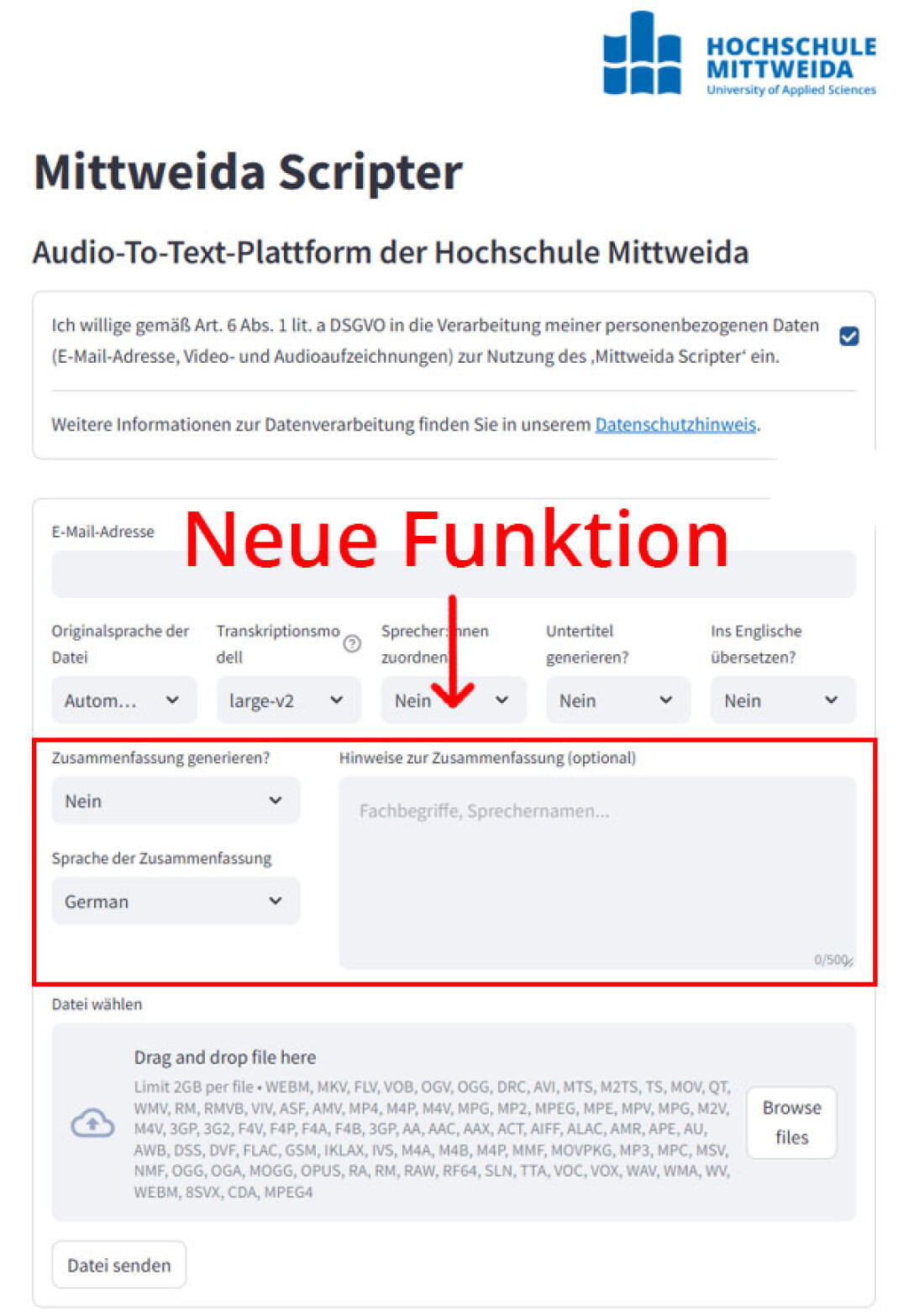 Screenshot of the Mittweida Scripter input window, highlighting the new text summarisation feature
