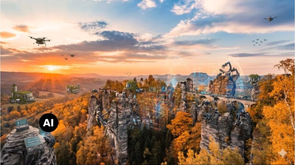 Landschaft in der Sächsischen Schweiz in herbstlichen Farben mit technischen Elementen